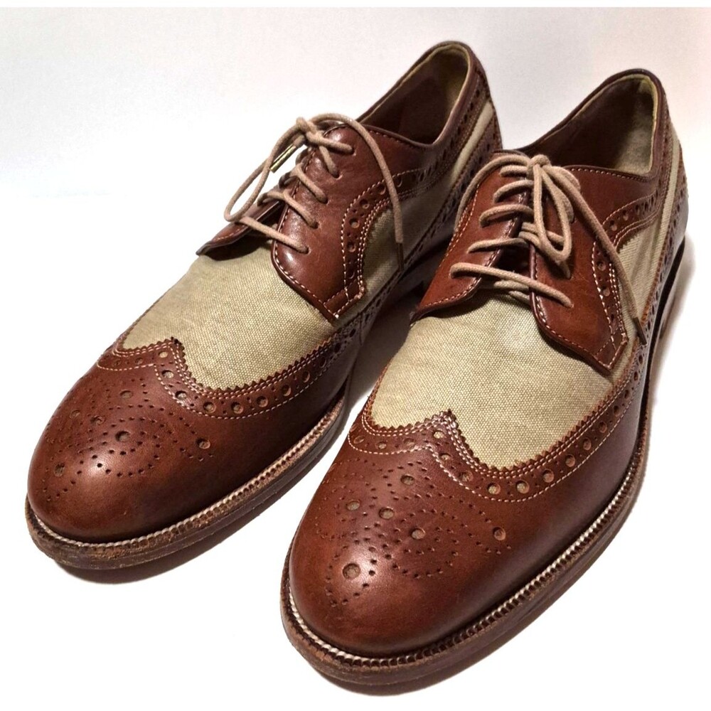 Johnston & Murphy Men's Tan Leather Taupe Canvas Lace Up Oxford Shoes Size 9M